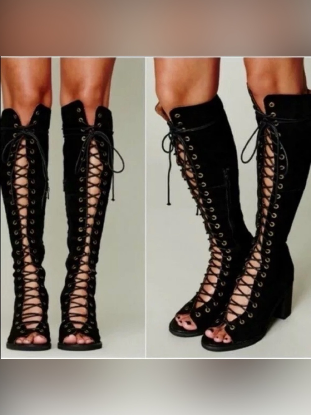 Jeffery Campbell Free People “Countess” Knee High Open Toe Lace Up Boots RARE